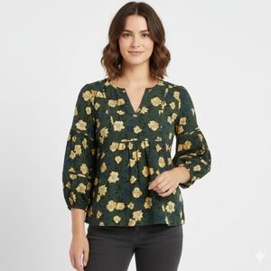 Sonoma Casual Top Women's SP Green Yellow Floral Corduroy Popover Petite Boho
